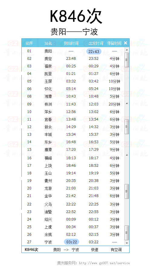 貴陽至寧波K846次列車時刻表