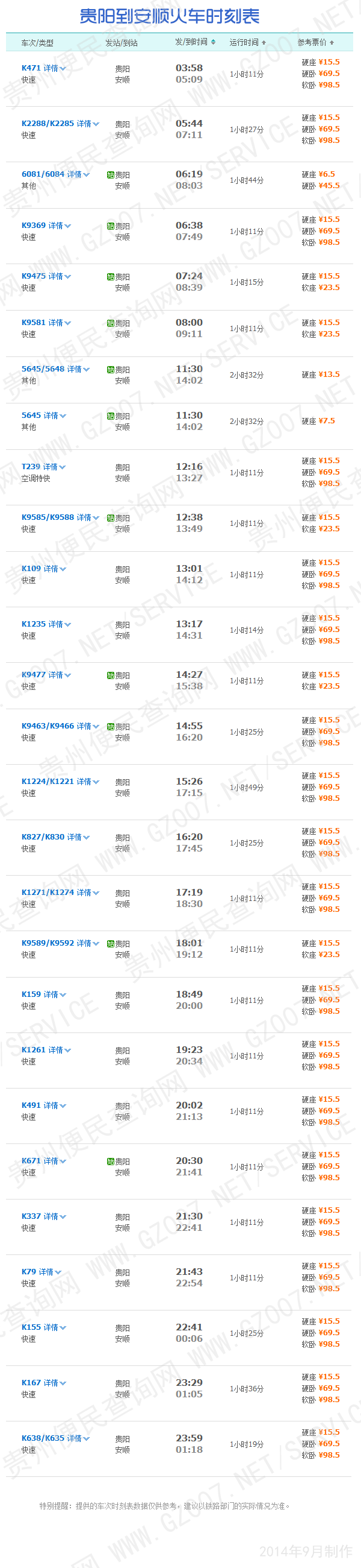 貴陽至安順列車時刻表